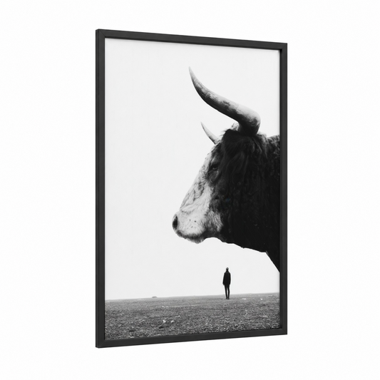 Colossal Bull Profile framed art print — black wood frame — black and white palette