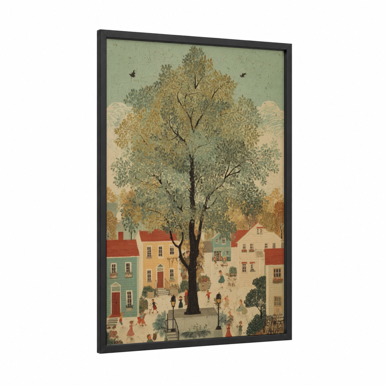 Village Linden Tree framed art print — black wood frame — sage green and cream palette