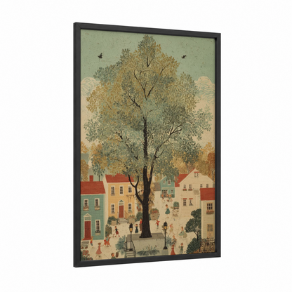 Village Linden Tree framed art print — black wood frame — sage green and cream palette