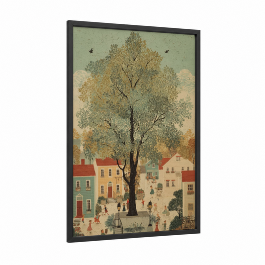 Village Linden Tree framed art print — black wood frame — sage green and cream palette