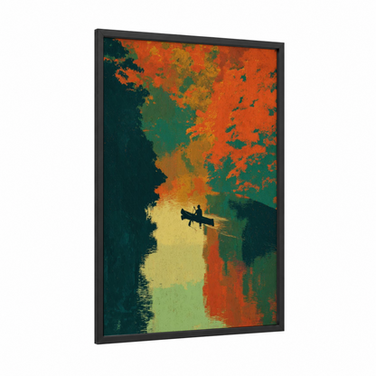 Autumn Canoe framed canoeing and kayaking print — black wood frame — orange and teal palette