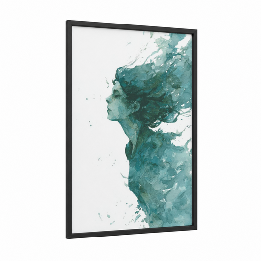Teal Mermaid framed art print — black wood frame — teal and aquamarine palette