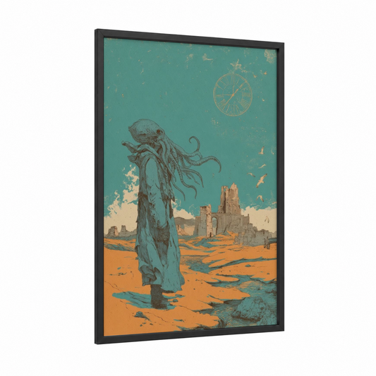 Desert Cthulhu framed art print — black wood frame — teal and orange palette