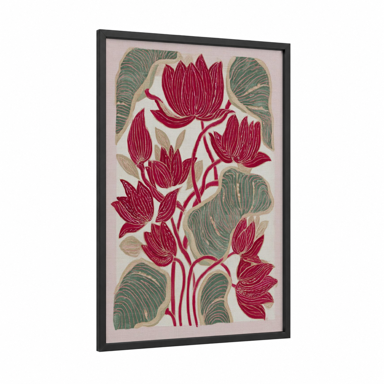 Botanical Lotus framed art print — black wood frame — maroon and sage green palette