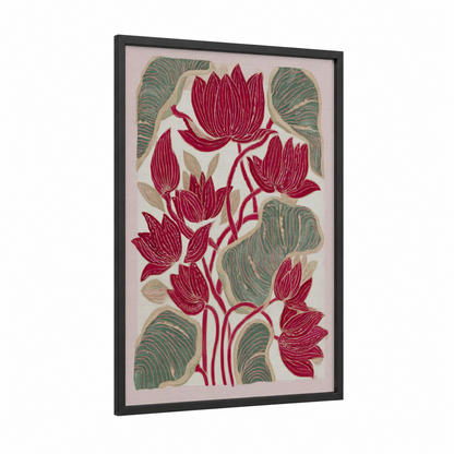 Botanical Lotus framed art print — black wood frame — maroon and sage green palette