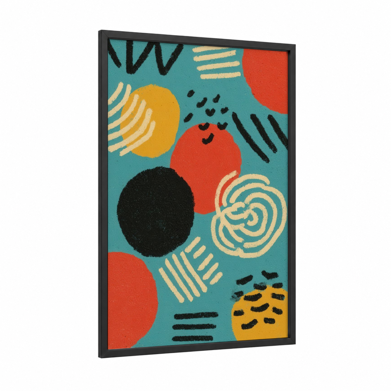 Playful Pasta Composition framed art print — black wood frame — teal and red palette