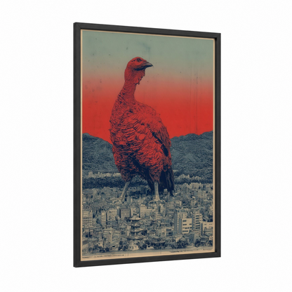 Crimson Turkey Giant framed art print — black wood frame — red and teal palette