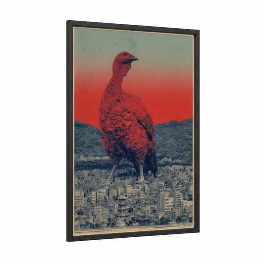 Crimson Turkey Giant framed art print — black wood frame — red and teal palette