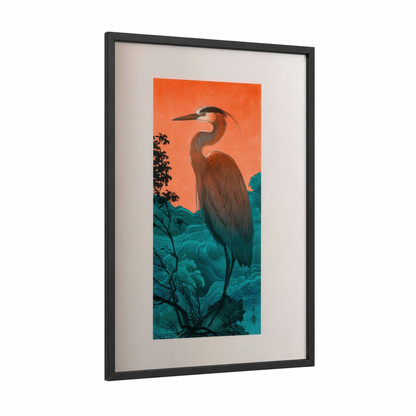 Sunset Heron framed art print — black wood frame — orange and teal palette