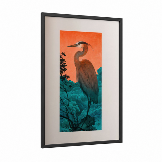 Sunset Heron framed art print — black wood frame — orange and teal palette