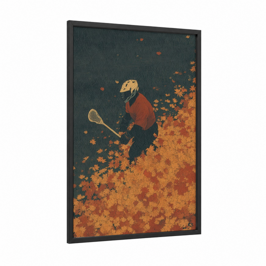 Autumn Lacrosse framed art print — black wood frame — orange and teal palette
