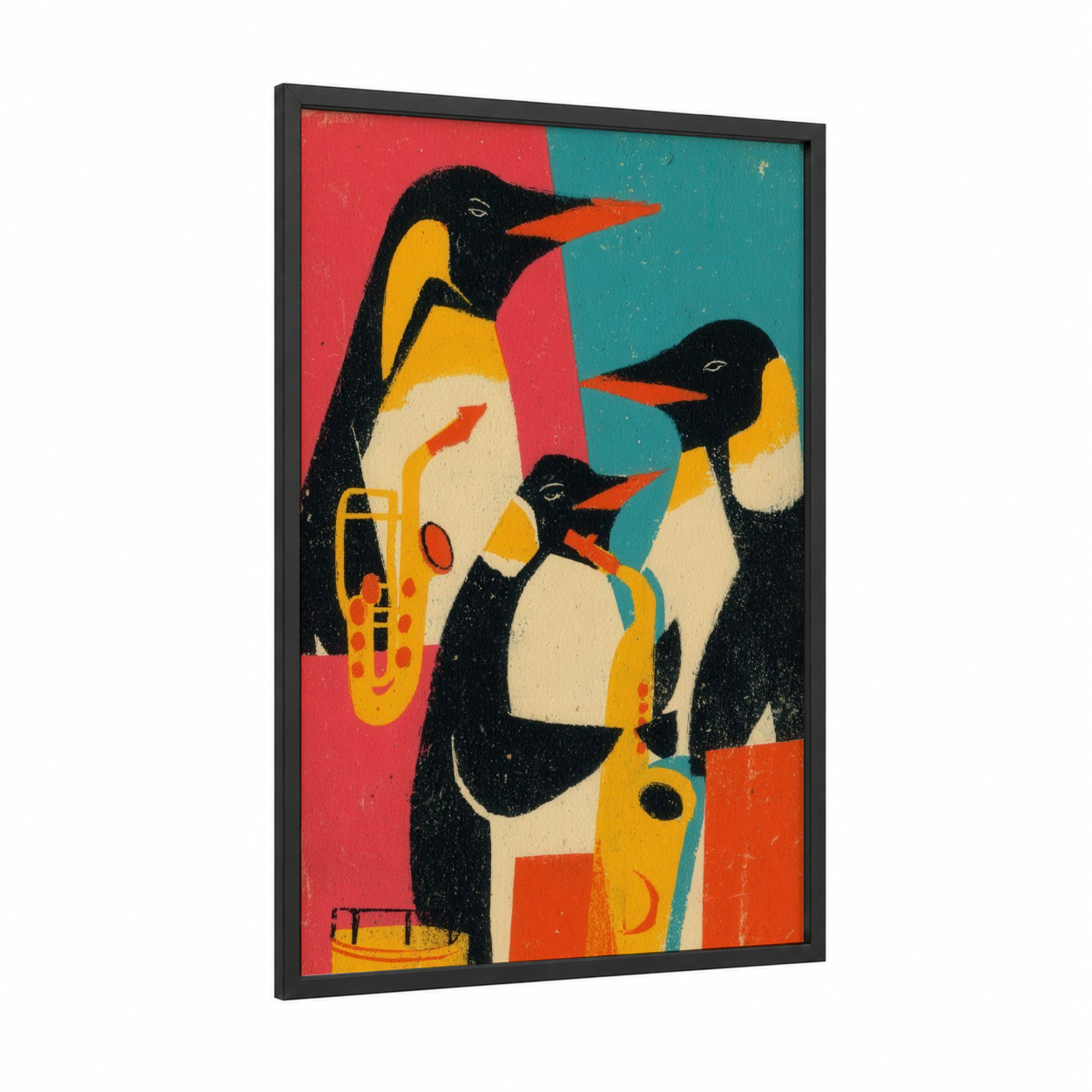 Jazzy Penguin Trio framed art print — black wood frame — red and gold palette