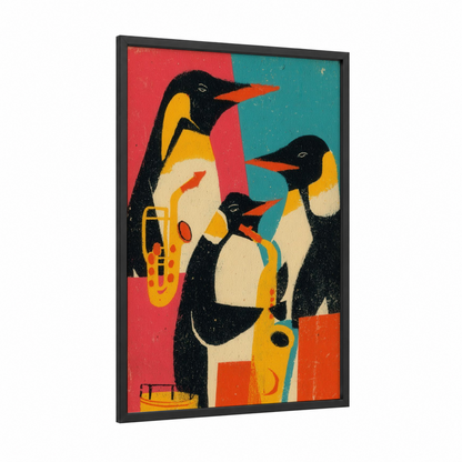 Jazzy Penguin Trio framed art print — black wood frame — red and gold palette