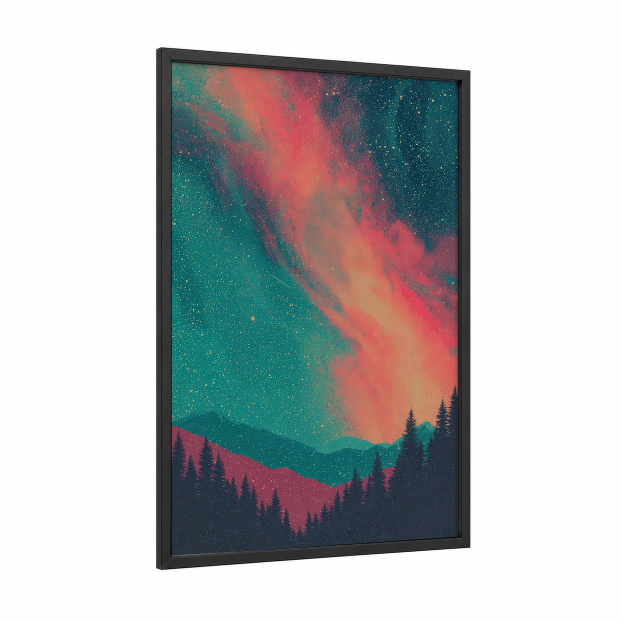 Cosmic Aurora framed galaxy print — black wood frame — teal and magenta palette