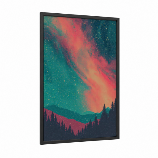 Cosmic Aurora framed galaxy print — black wood frame — teal and magenta palette