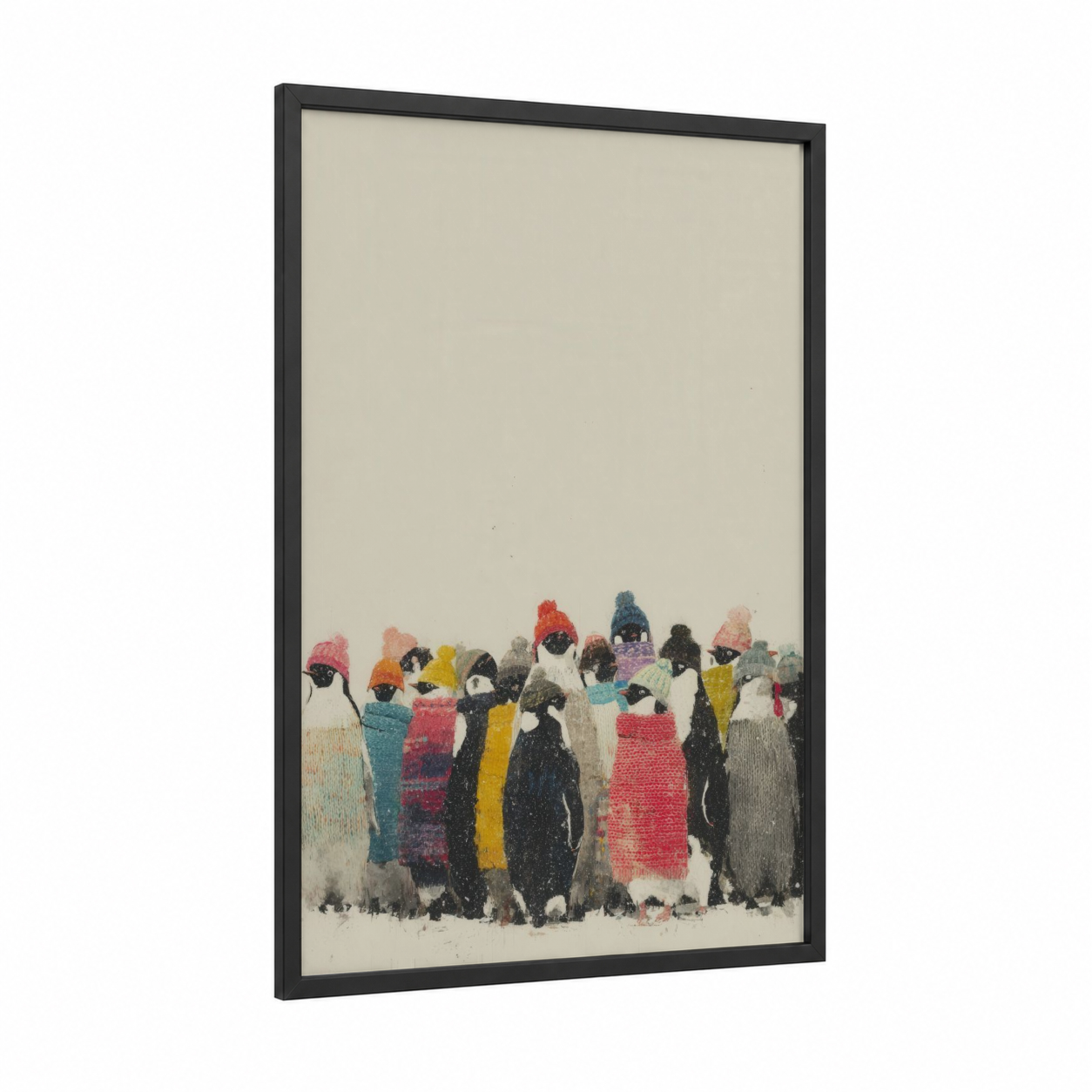 Colorful Penguin Gathering framed art print — black wood frame — teal and cream palette
