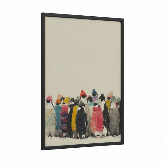 Colorful Penguin Gathering framed art print — black wood frame — teal and cream palette