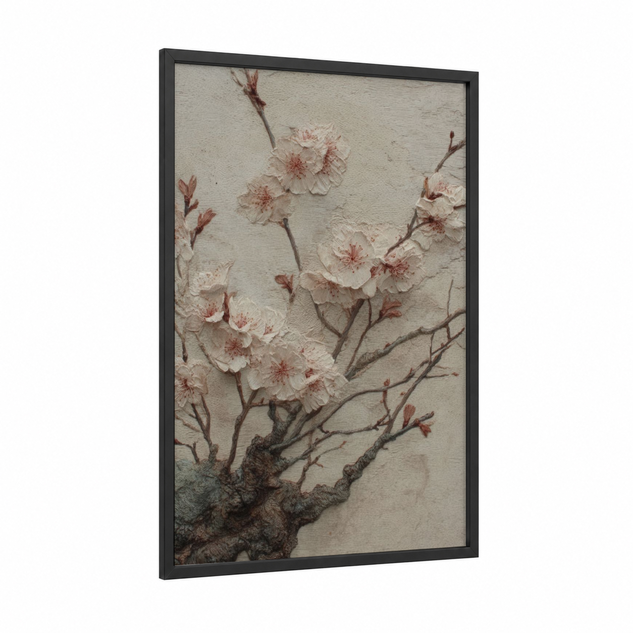 Cherry Blossom Woodcarving framed art print — black wood frame — cream and salmon pink palette
