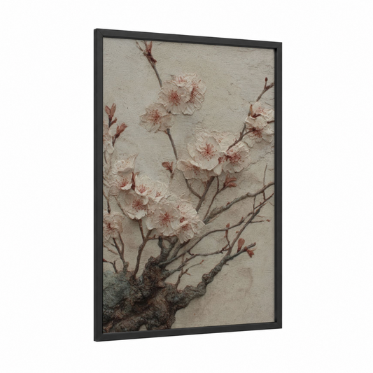 Cherry Blossom Woodcarving framed art print — black wood frame — cream and salmon pink palette