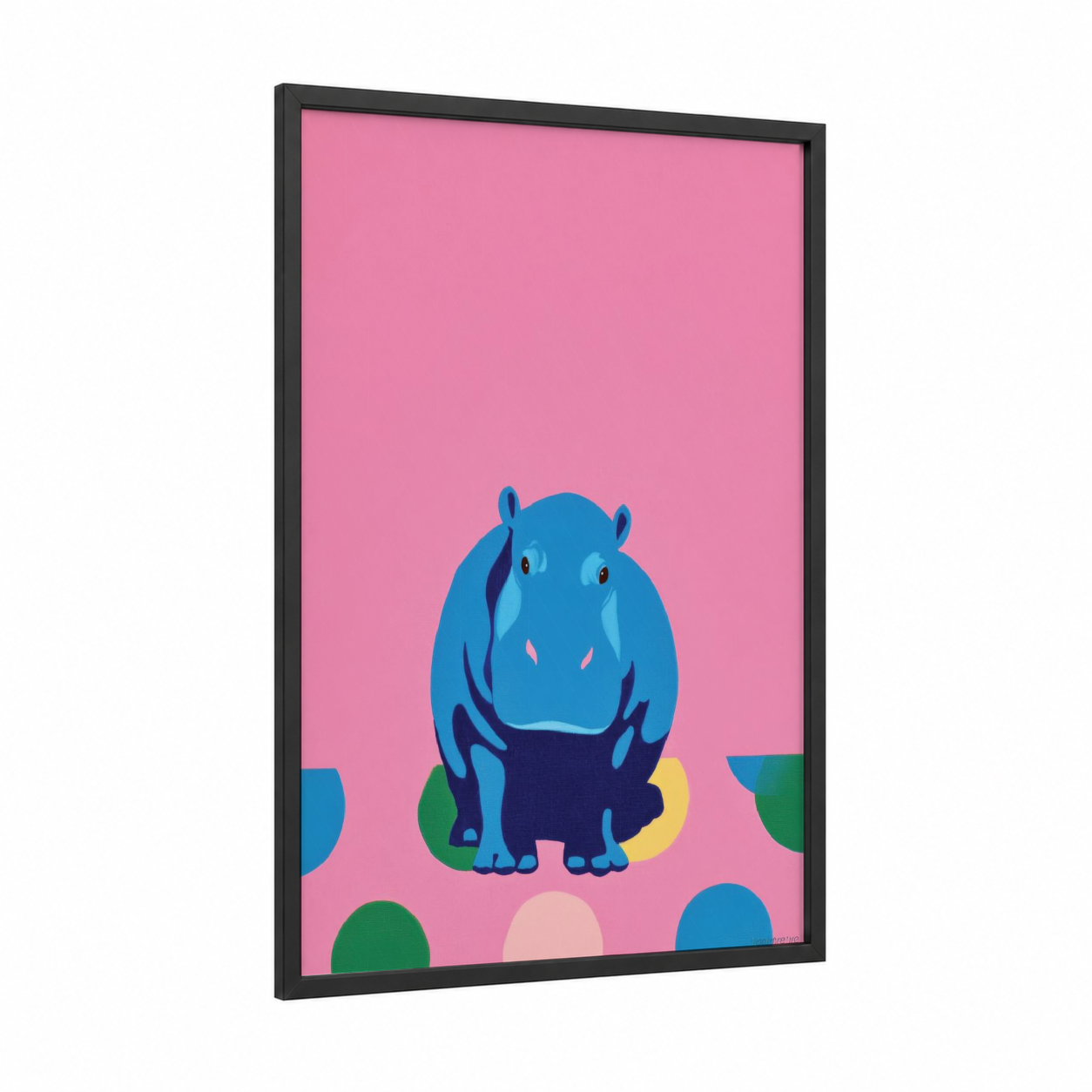 Cheerful Hippo framed art print — black wood frame — blue and pink palette