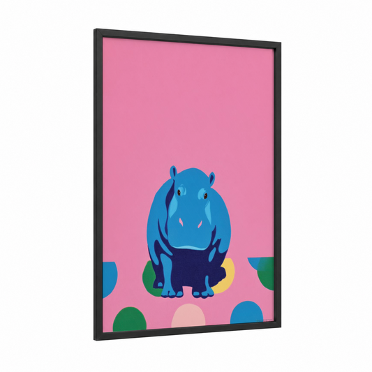 Cheerful Hippo framed art print — black wood frame — blue and pink palette