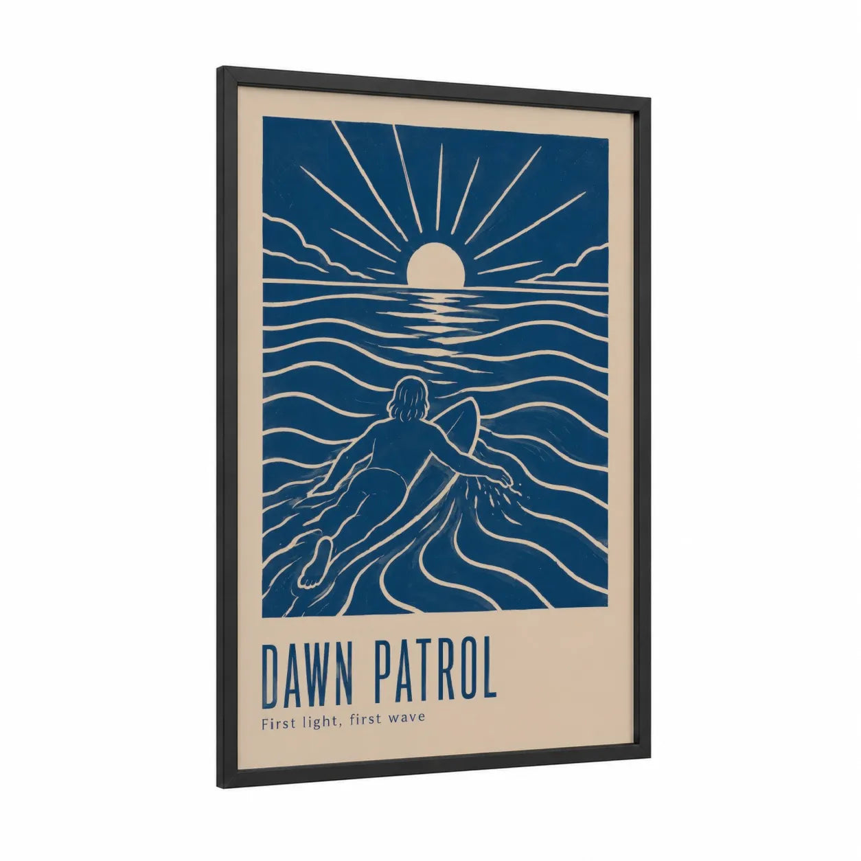 Sunrise Surfer Ocean Wall Art framed art print — black wood frame — blue and beige palette