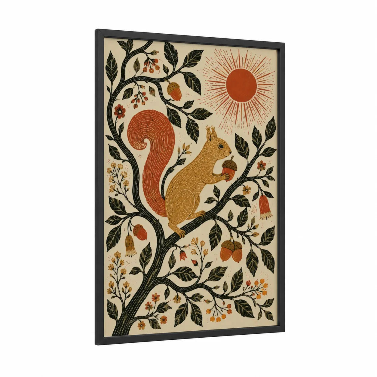 Squirrel in Autumn Tree Wall Art framed art print — black wood frame — beige and orange palette