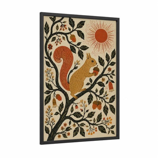 Squirrel in Autumn Tree Wall Art framed art print — black wood frame — beige and orange palette