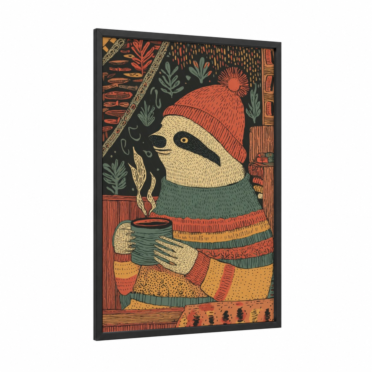Cozy Sloth framed art print — black wood frame — orange and green palette