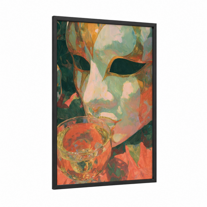 Masked Celebration framed mardi gras print — black wood frame — gold and green palette