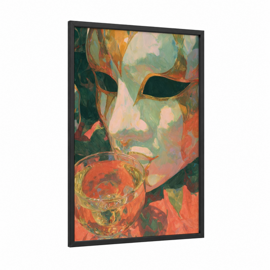 Masked Celebration framed mardi gras print — black wood frame — gold and green palette