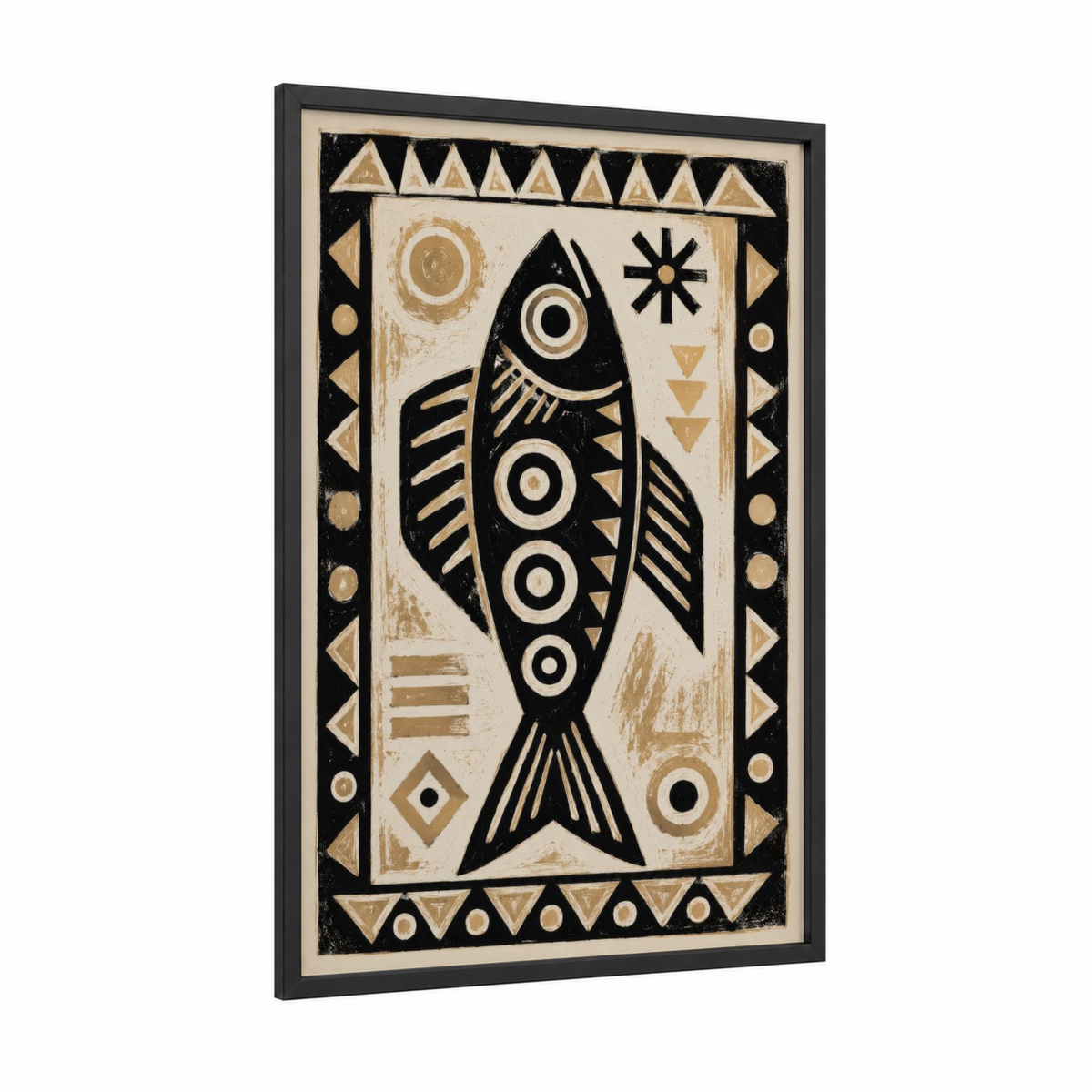 Tribal Fish Geometric Art Wall Art framed salt water fish print — black wood frame — black and white and gold palette