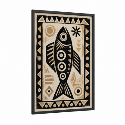 Tribal Fish Geometric Art Wall Art framed salt water fish print — black wood frame — black and white and gold palette