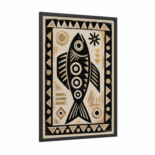 Tribal Fish Geometric Art Wall Art framed salt water fish print — black wood frame — black and white and gold palette