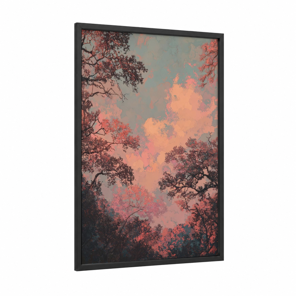 Coral Oak Forest framed art print — black wood frame — salmon pink and dove gray palette