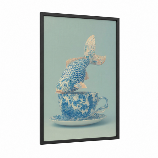 Teacup Koi framed koi fish print — black wood frame — blue and white and sage green palette
