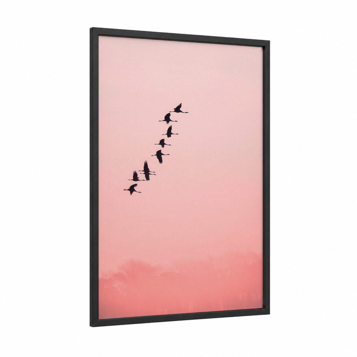 Pink Migration framed crane print — black wood frame — salmon pink and white palette