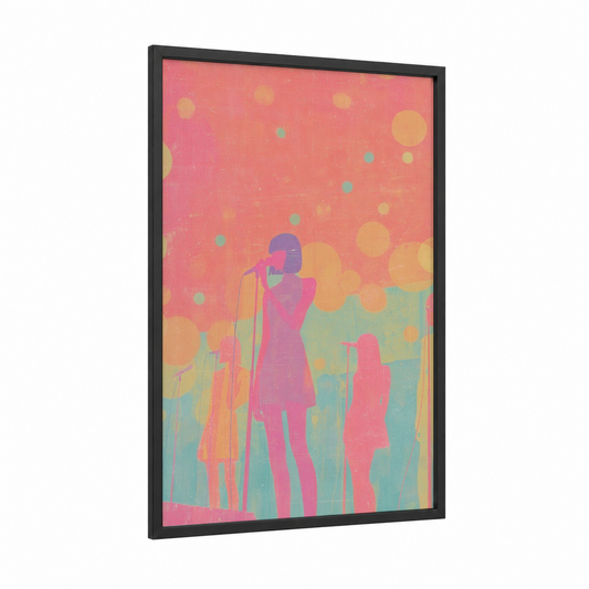Neon Singer framed retro pop print — black wood frame — magenta and peach palette