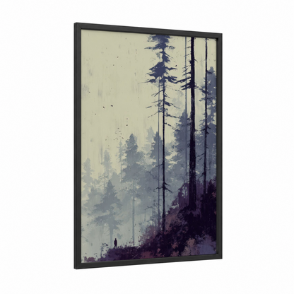 Misty Cedar Forest framed art print — black wood frame — gray and dove gray palette