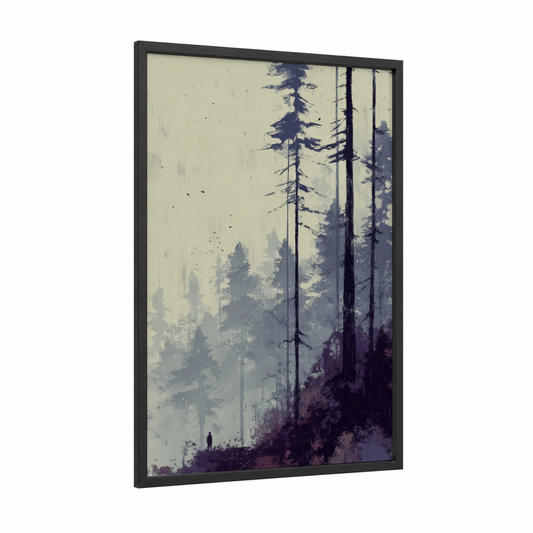 Misty Cedar Forest framed art print — black wood frame — gray and dove gray palette