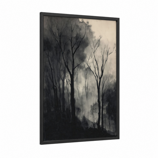 Misty Forest Grove framed forest trees print — black wood frame — black and white and gray palette