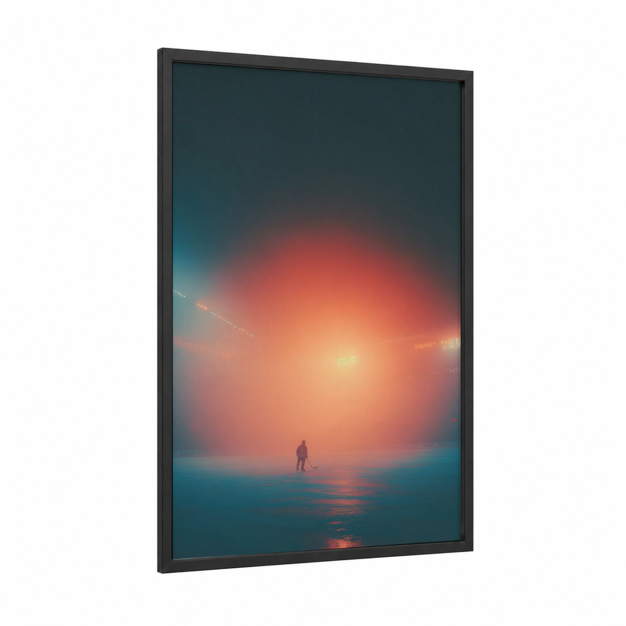 Solitary Skater framed ice hockey print — black wood frame — orange and teal palette