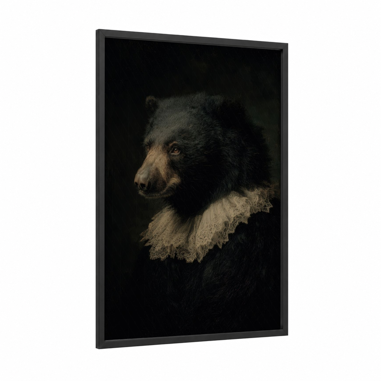 Renaissance Bear framed sloth bear print — black wood frame — black and cream palette