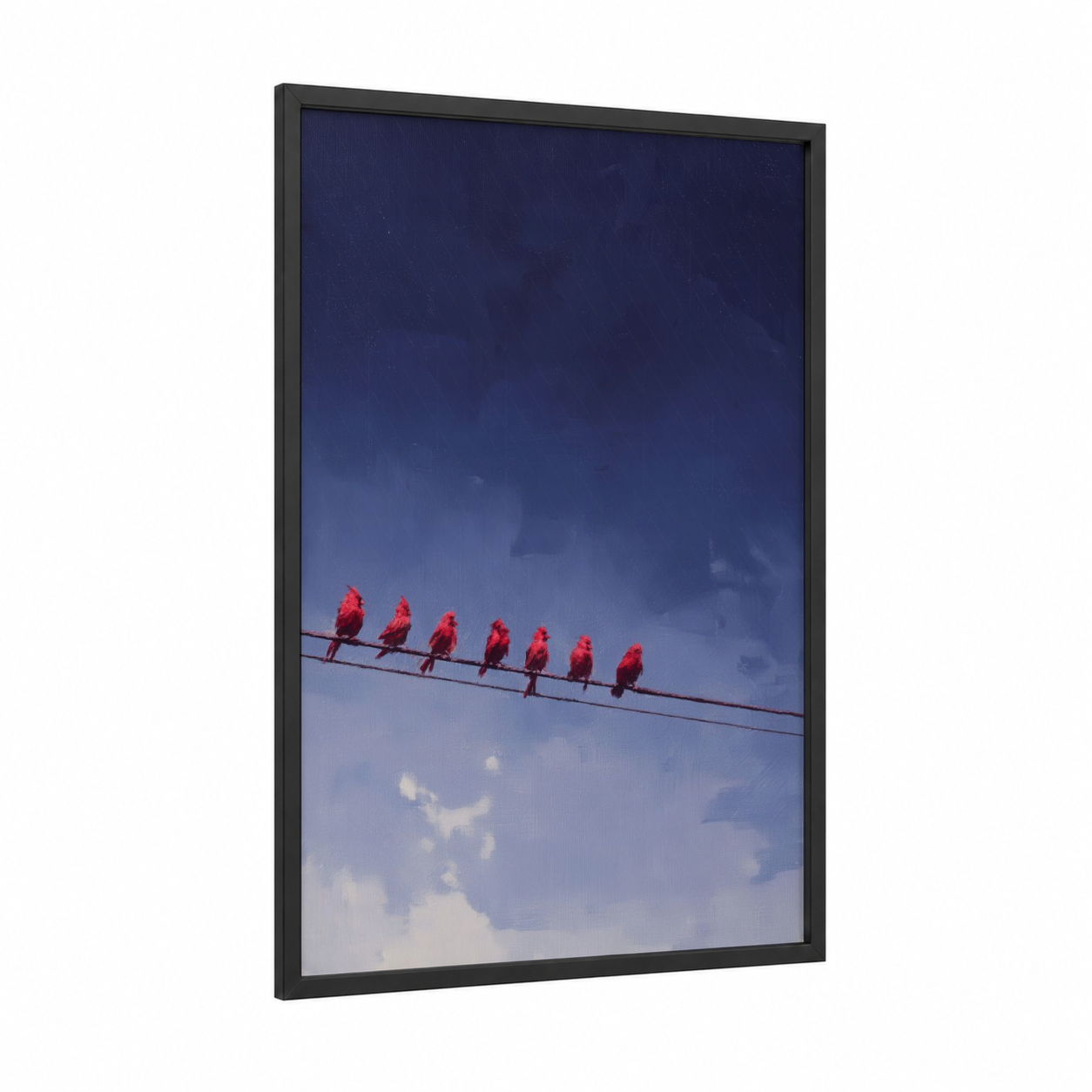 Red Cardinals Line framed art print — black wood frame — red and blue palette