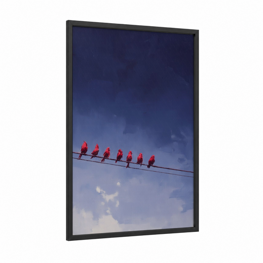 Red Cardinals Line framed art print — black wood frame — red and blue palette