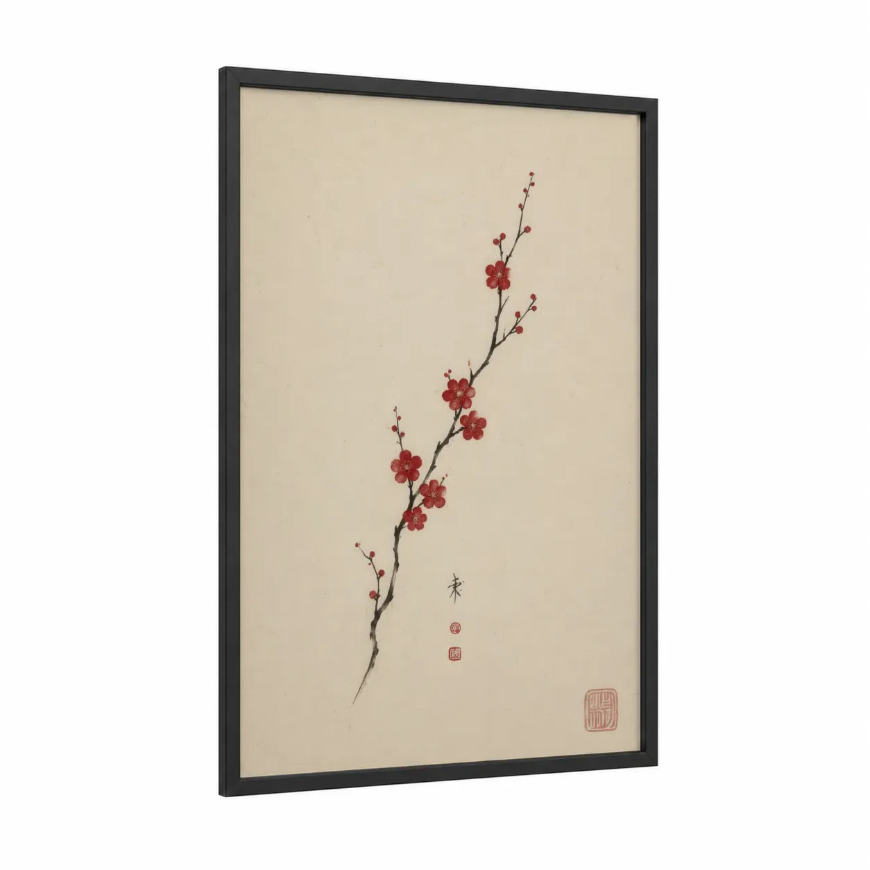 Japanese Cherry Blossom Branch Wall Art framed cherry blossoms print — black wood frame — red and beige palette
