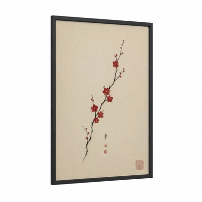 Japanese Cherry Blossom Branch Wall Art framed cherry blossoms print — black wood frame — red and beige palette