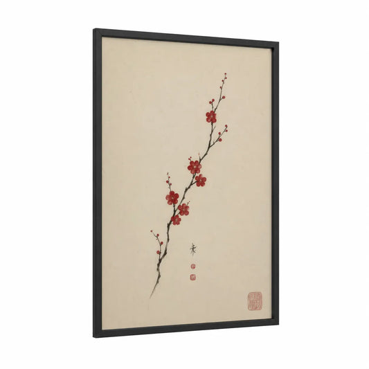 Japanese Cherry Blossom Branch Wall Art framed cherry blossoms print — black wood frame — red and beige palette