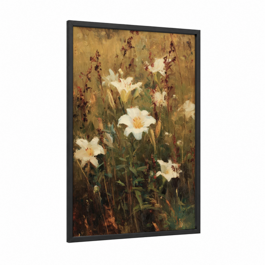 Cream Lilies Garden framed lily print — black wood frame — cream and gold palette