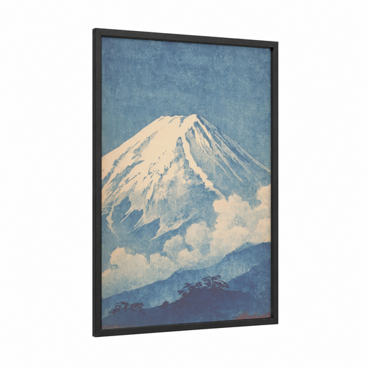 Snowy Fuji framed mount fuji print — black wood frame — blue and cream palette